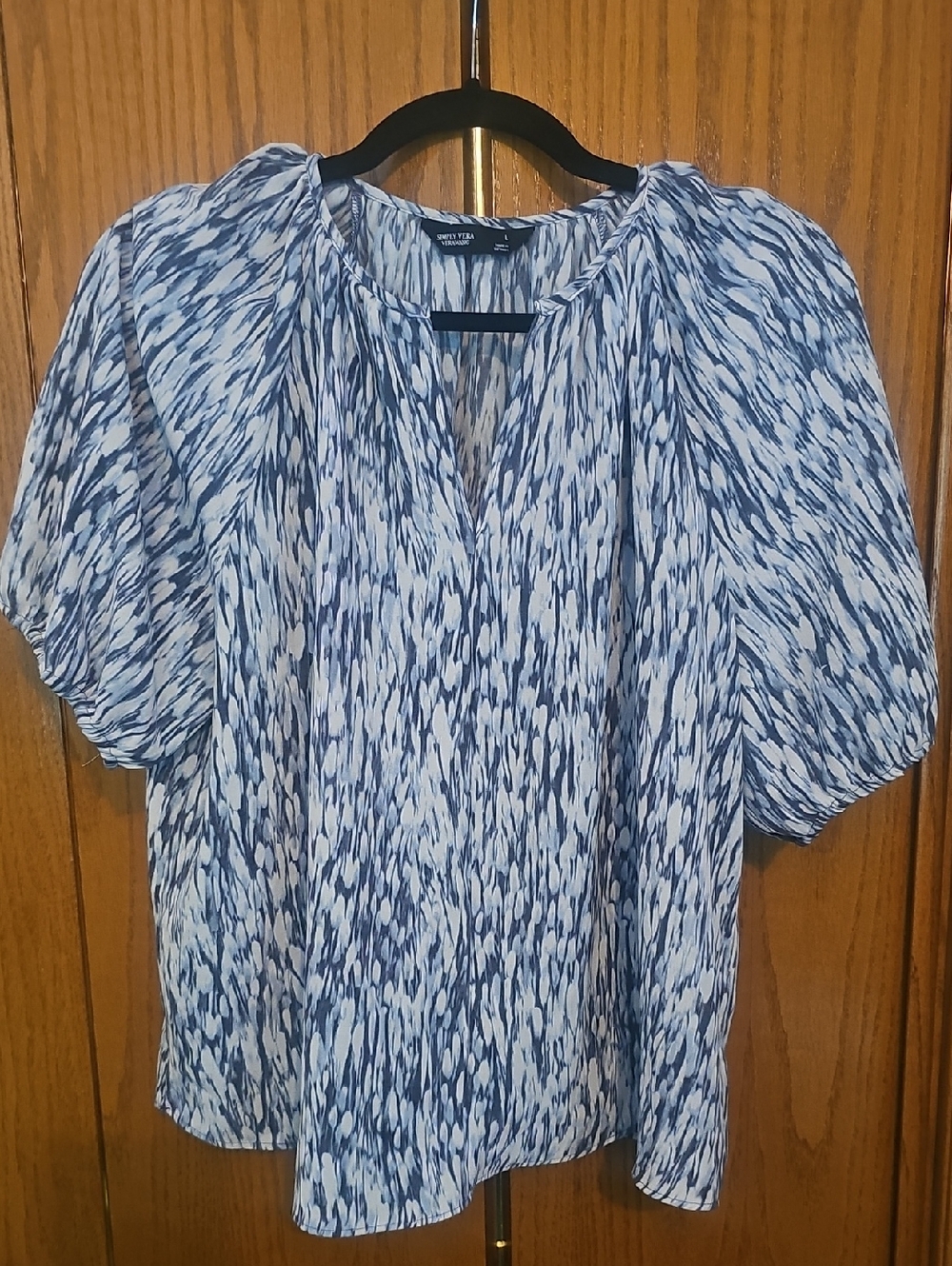 Vera Wang Blue & White Abstract Print Puff Sleeve Blouse